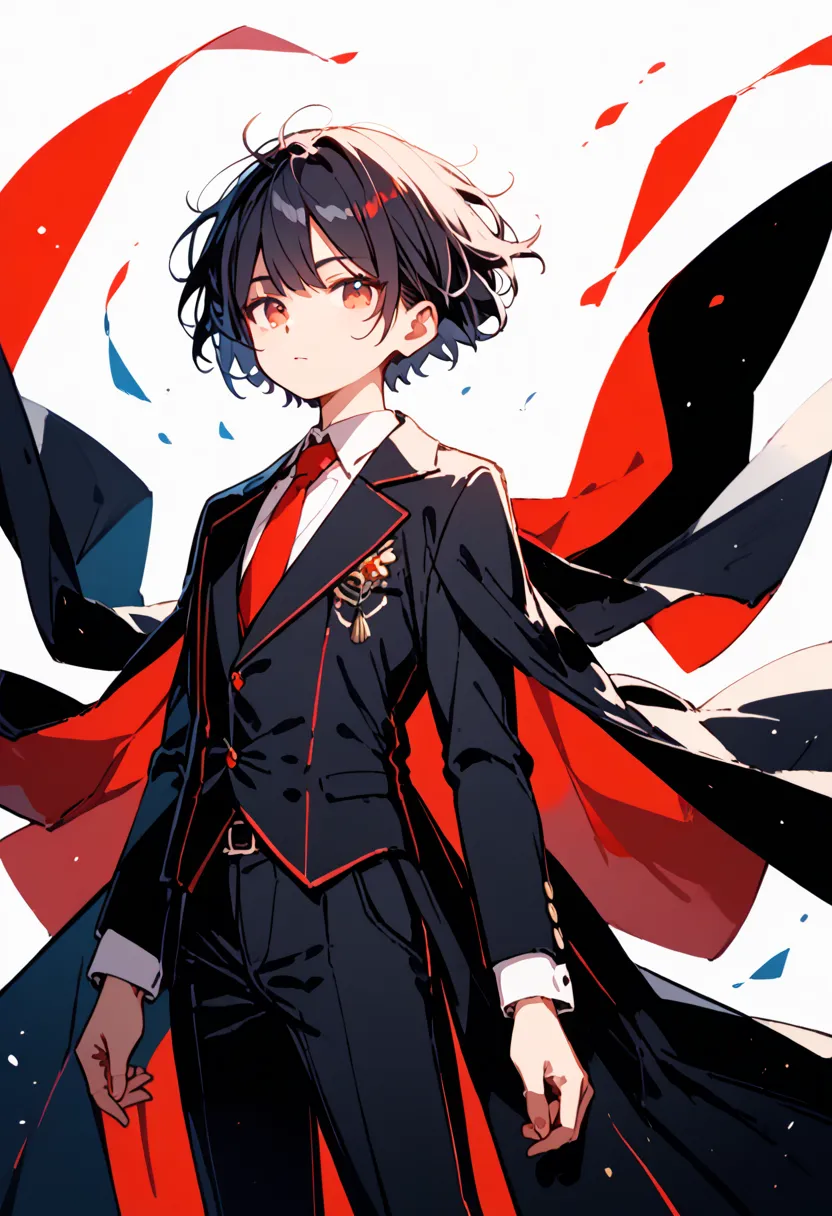 dark red black hair, red eyes , short hair, formal attire, full cape