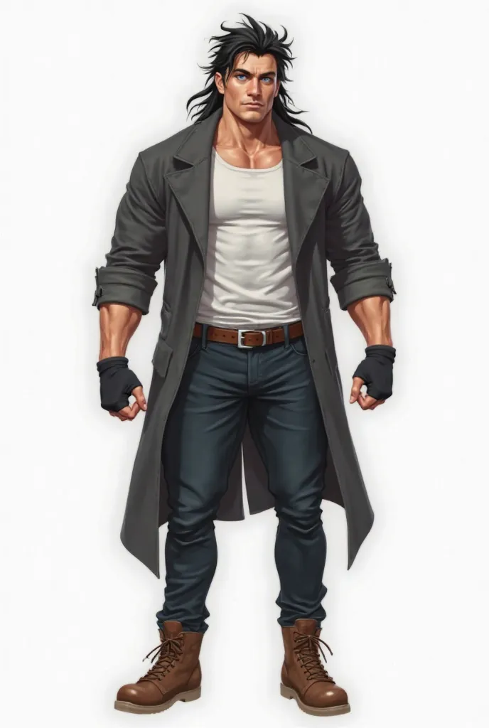 A single image of a Very muscular 30-year-old man with long, spiky, disheveled black hair, blue eyes, a very robust, defined and athletic body. Wearing dark jeans, brown ankle boots, a dark gray overcoat with a simple WHITE SHIRT underneath, wearing black ...