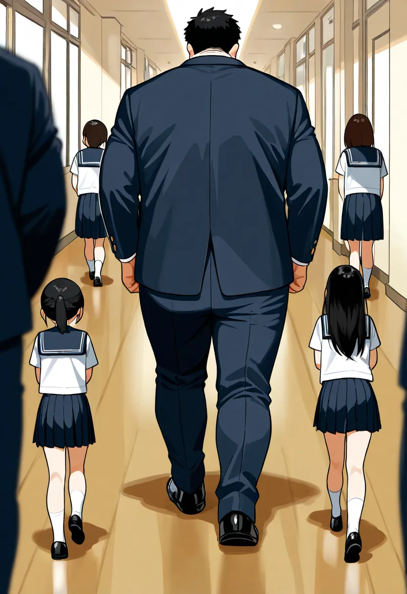 (cute tall males walking: 1.2), full body, (height difference: 1.1), a group of girls on the ground, (macro size: 1.1), (bent over), (looking down at her), hallway, serafuku