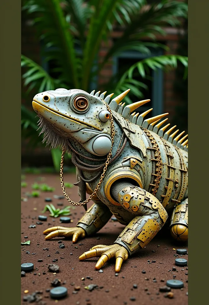 A mechanical Iguana made of vintage rusted metal, intricate mechanical details, steampunk aesthetic, worn-out textures