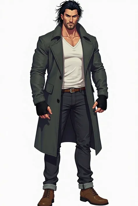 A single image of a Very muscular 30-year-old man with long, spiky, disheveled black hair, blue eyes, a very robust, defined and athletic body. Wearing dark jeans, brown ankle boots, a dark gray overcoat with a simple WHITE SHIRT underneath, wearing black ...