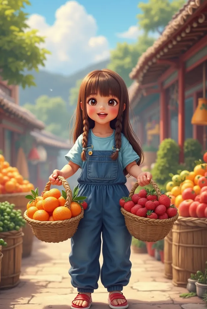 Name: Ha
Age and Gender: 18-year-old playful girl
Top Clothing: Blue overalls
Top Clothing Color: Blue
Bottom Clothing: Simple pants
Bottom Clothing Color: Dark blue
Hairstyle: Bangs, long hair
Hair Color: Auburn
Scene:

Visual: Ha brings baskets of fresh ...