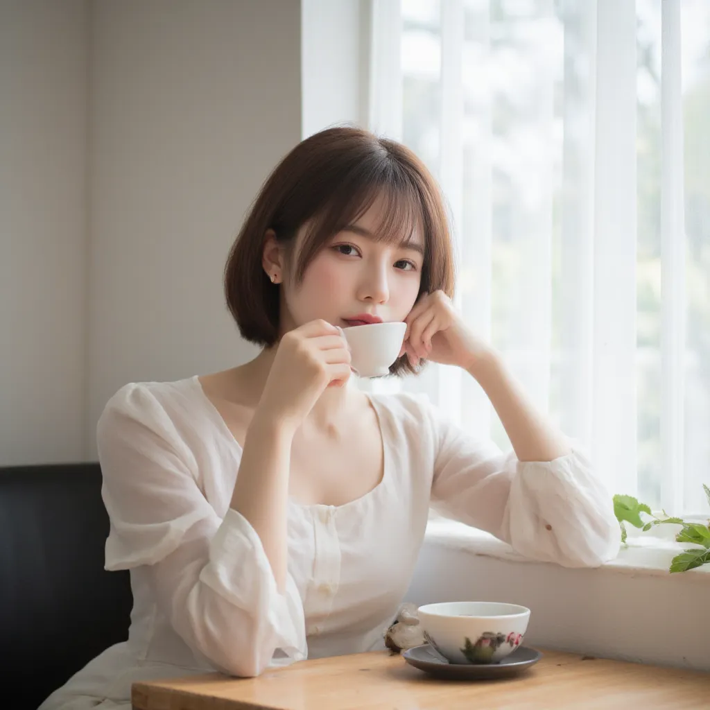 There is a woman sitting at a table drinking tea, with short hair, gorgeous young Japanese woman, beautiful Japanese woman, Ulzzang, neat hair with bangs, 
