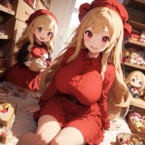 1 female,  girl, red long sleeve dress, blonde long hair, rosa cheeks, doll store, playing a dolls, happy face, huge breast, candy, eating, summer hat