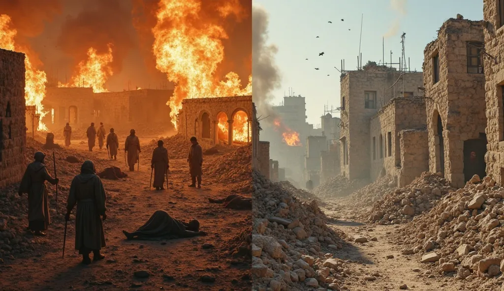 A split-screen composition showing two tragedies side by side: on the left, the 1099 Crusader massacre in Jerusalem, with burning buildings and fallen civilians; on the right, modern-day Palestine, with bombed-out homes and suffering civilians. The visual ...