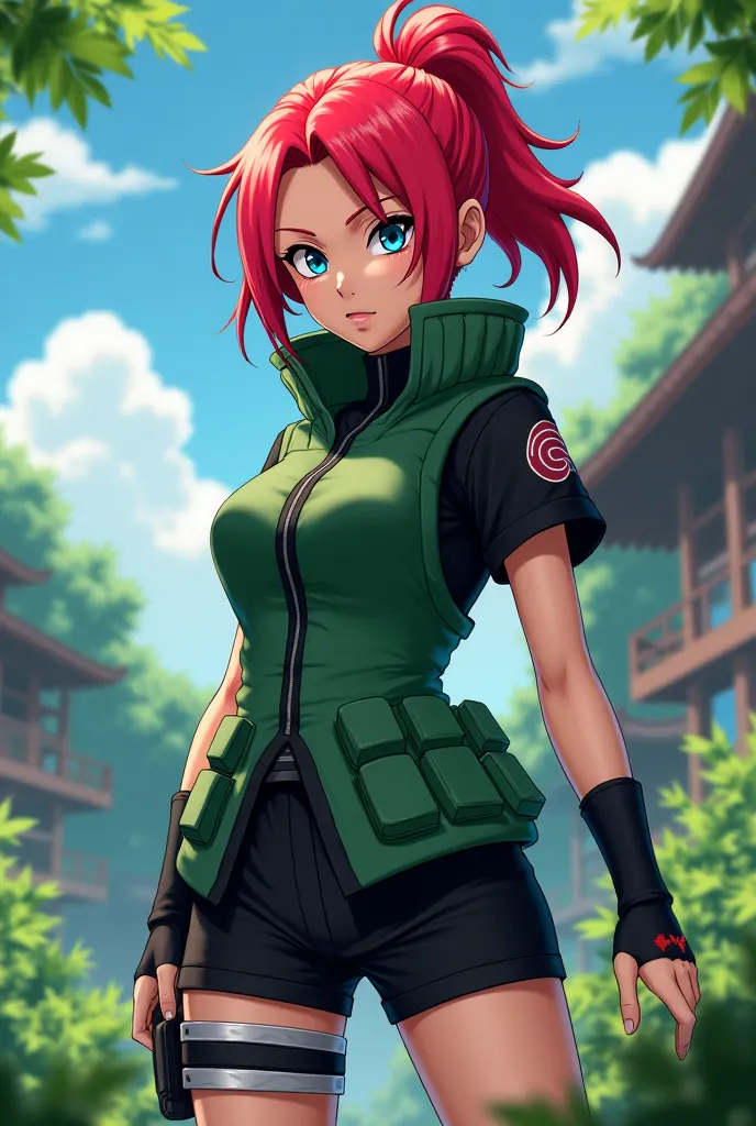  anime Naruto ,Women,red hair,A band from the village of La Hoja, blue eyes, a black shirt,with a black short and a green vest,that is greater