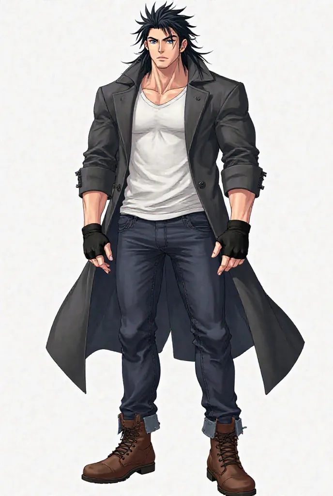 A single image of a Very muscular 30-year-old man with long, spiky, disheveled black hair, blue eyes, a very robust, defined and athletic body. Wearing dark jeans, brown ankle boots, a dark gray overcoat with a simple WHITE SHIRT underneath, wearing black ...