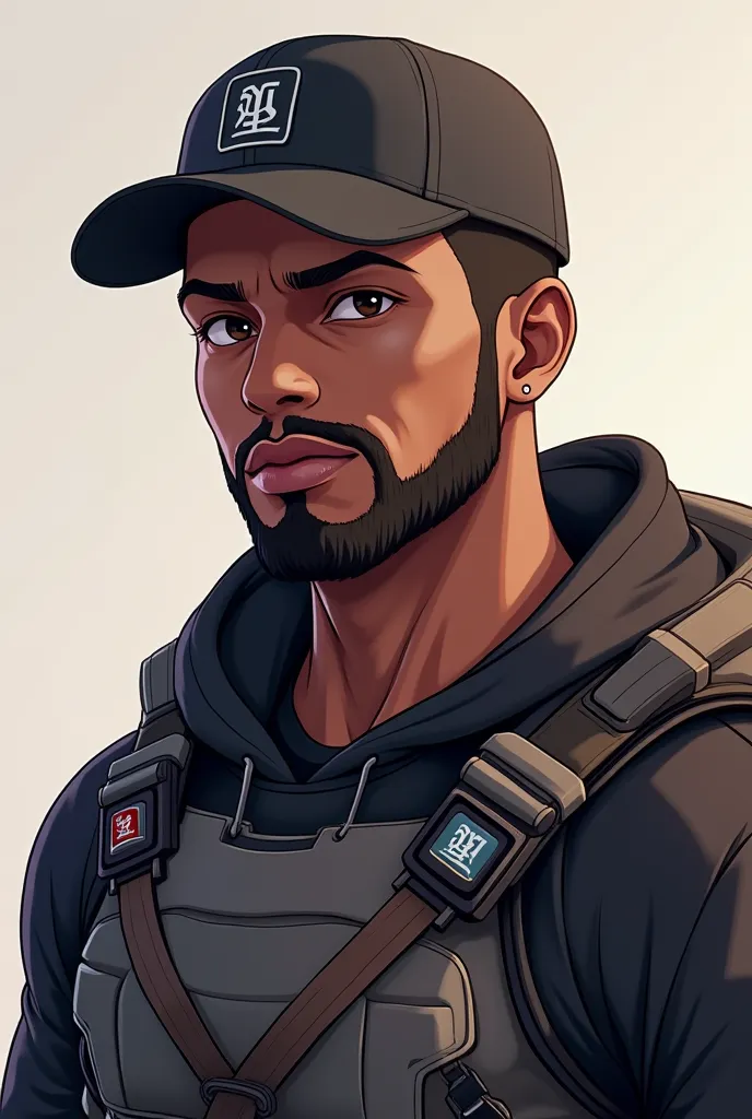 ISFP Twitch streamer, half African American male, athletic, short groomed beard, wearing baseball cap and video game armor, buzz cut hair, gamer, dark brown eyes, Character Design, Unreal Engine, Anime Style