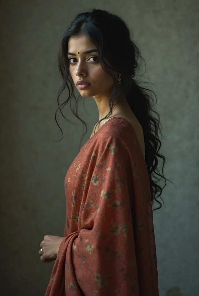 A 25-year-old Indian woman is standing wearing a saree, with her hair loosely tied. She looks very beautiful, standing with a sad expression, gazing ahead.

