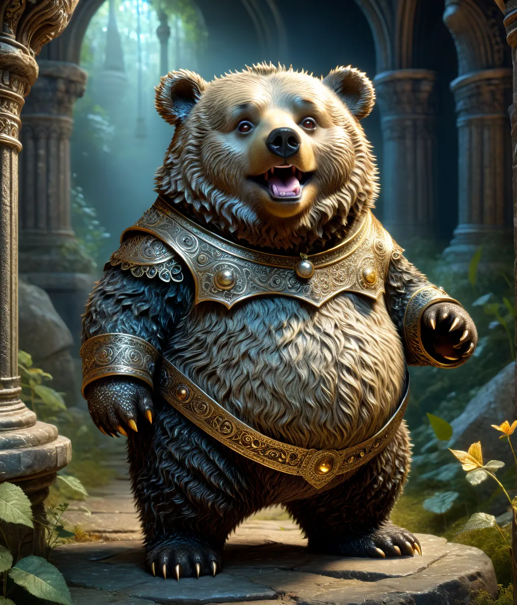 Gustave Doré Style, (cute, chubby, feral, male, bear), adorable, magical, fantasy, hires textures, highly detailed, intricate details, best quality, masterpiece