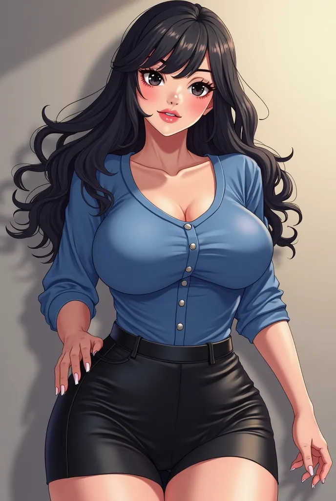 Make anime milf in blue top (short) with black mini skirt with black eyes and hair with large brest 