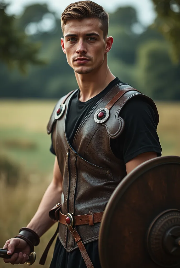 a tall young man, of athletic physique, With brown dress cut hair, light brown eyes, wearing a black short-sleeved shirt, underneath a leather vest armor, with rubies holding the shoulder straps, while holding a sword in his right hand, and wears a round s...