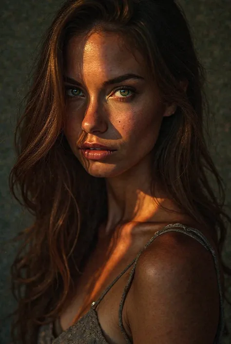 A realistic woman, long illuminated brown hair, dark skin and green eyes