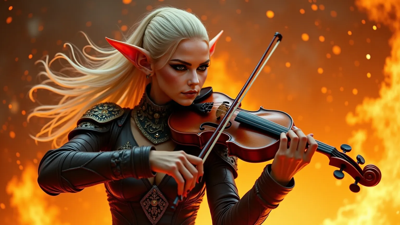  A ferocious elf musician playing violin with intensity ,  fiery background . Goblin with brilliant golden eyes , sharp facial features, and pointy ears ,  with intricate black tattoos on the face . Her platinum-blonde hair flows wildly as if caught in the...