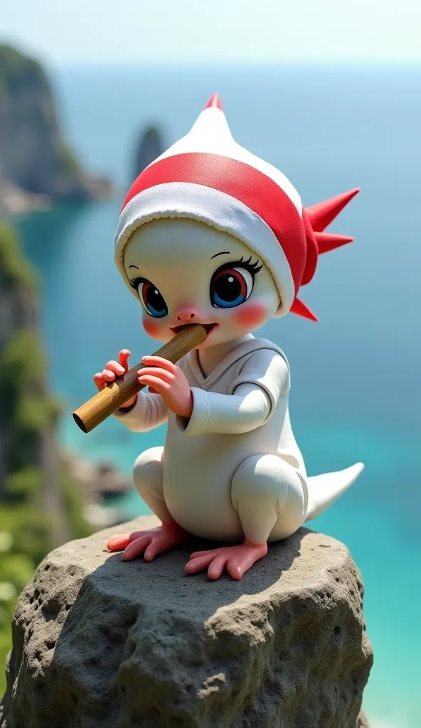 a white bird cub wearing a red and white flag headband sits on a boulder while playing bamboo flute. bird wearing white shirt and indonesian flag are on the cest. background are on the high climb rock above the ocean