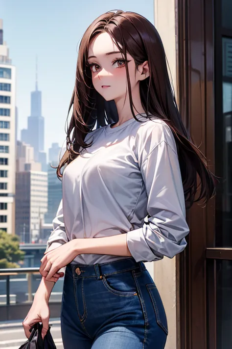 (((minju))), ((((brunette)))), white eyes, (((white shirt))), (((jeans)), Outstanding, Best Aesthetic, Best Quality, Masterpiece, Very Detailed, Masterpiece, 1girl, Solo, Blue Sky, Daytime, Beautiful Body, High Definition, cowboy shot, masterpiece, masterp...