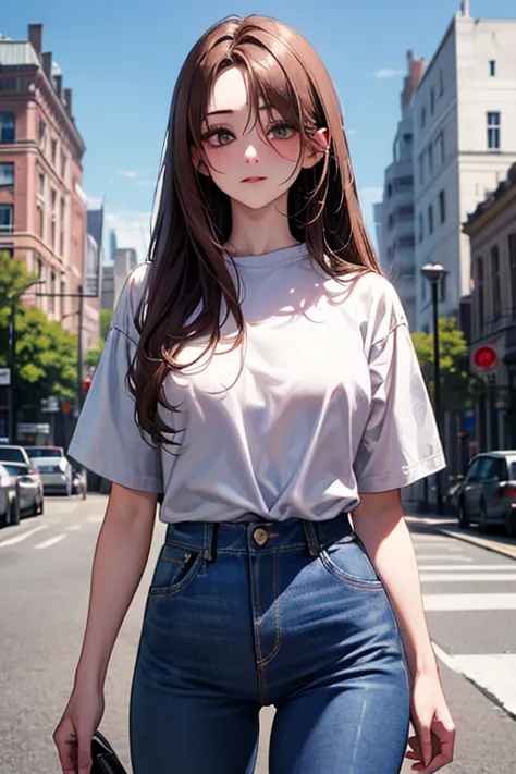 (((minju))), ((((brunette)))), white eyes, (((white shirt))), (((jeans)), Outstanding, Best Aesthetic, Best Quality, Masterpiece, Very Detailed, Masterpiece, 1girl, Solo, Blue Sky, Daytime, Beautiful Body, High Definition, cowboy shot, masterpiece, masterp...