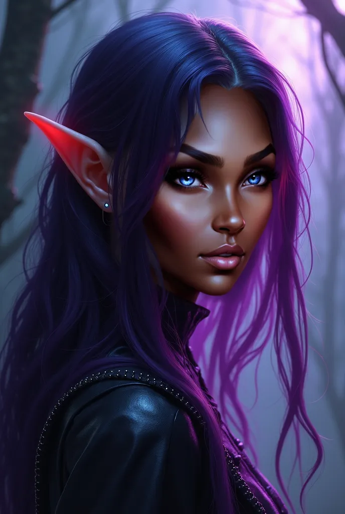 Purple and black long hair, glowing red eyes with a purple aura, adult drow.