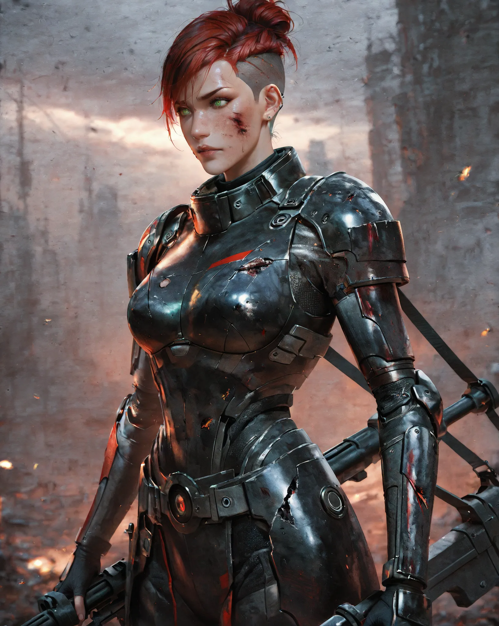 Photograph, photorealistic, 1woman, solo, femshepxl, crimson hair, messy bun hairstyle, (undercut hairstyle:1.32), emerald green eyes, (black and red) N7 armour, damaged armour, medium breasts, ((all-black) anti-materiel rifle:1.22), shooting from cover, c...