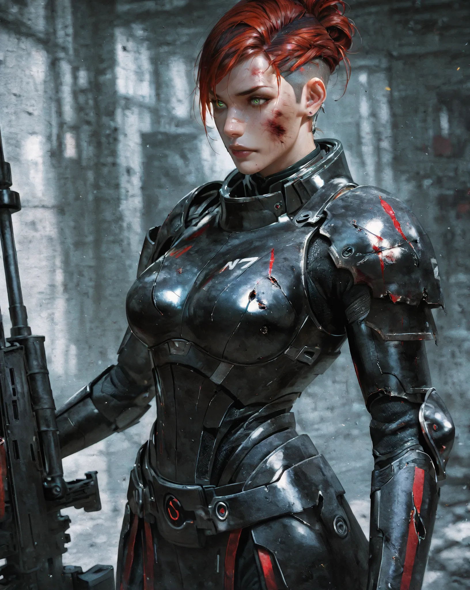 Photograph, photorealistic, 1woman, solo, femshepxl, crimson hair, messy bun hairstyle, (undercut hairstyle:1.32), emerald green eyes, (black and red) N7 armour, damaged armour, medium breasts, ((all-black) anti-materiel rifle:1.22), shooting from cover, c...