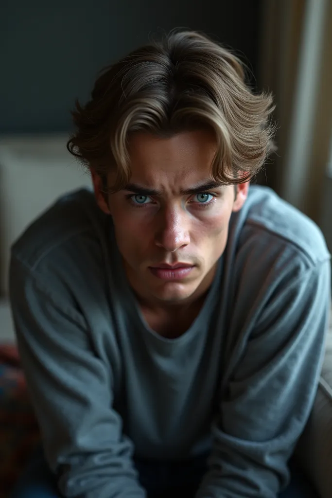 A young man of 27 years old, light brown hair and blue eyes is sitting on the couch in his house, looking forward with an angry face.