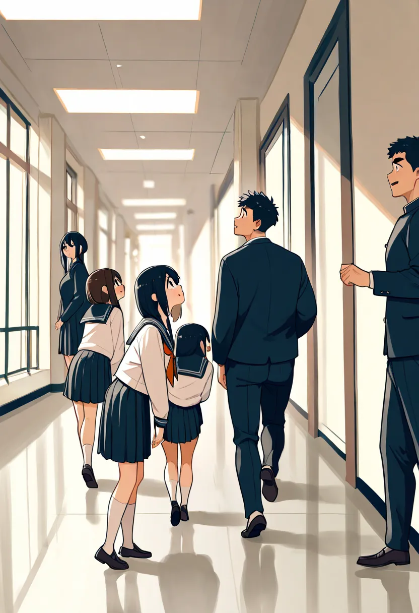 (cute tall males walking: 1.2), full body, (height difference: 1.1), a group of girls on the ground, (macro size: 1.1), (bent over), (a female looking up at a male), hallway, serafuku, (cute male: 1.1)