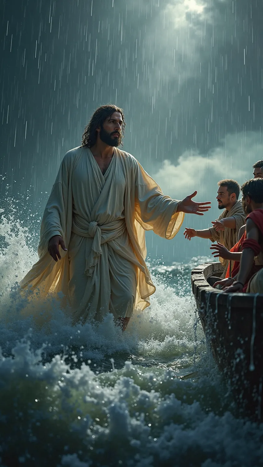 Ultra-realistic, cinematic masterpiece of Jesus Christ standing in the middle of a raging storm, extending His hand to rescue a drowning disciple as the violent ocean waves crash around them. His expression is filled with divine compassion and power, radia...