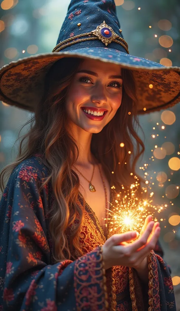 魔法使いの美しい若い女性がSmiling、fantasyの煌めく世界、A beautiful female wizard with a handsome young man appearing,Smiling,fantasy,sparkle, handsome man,4K,High Resolution,Photorealistic, Fantastic,portrait,Digital Paint,vivid colors,Bokeh