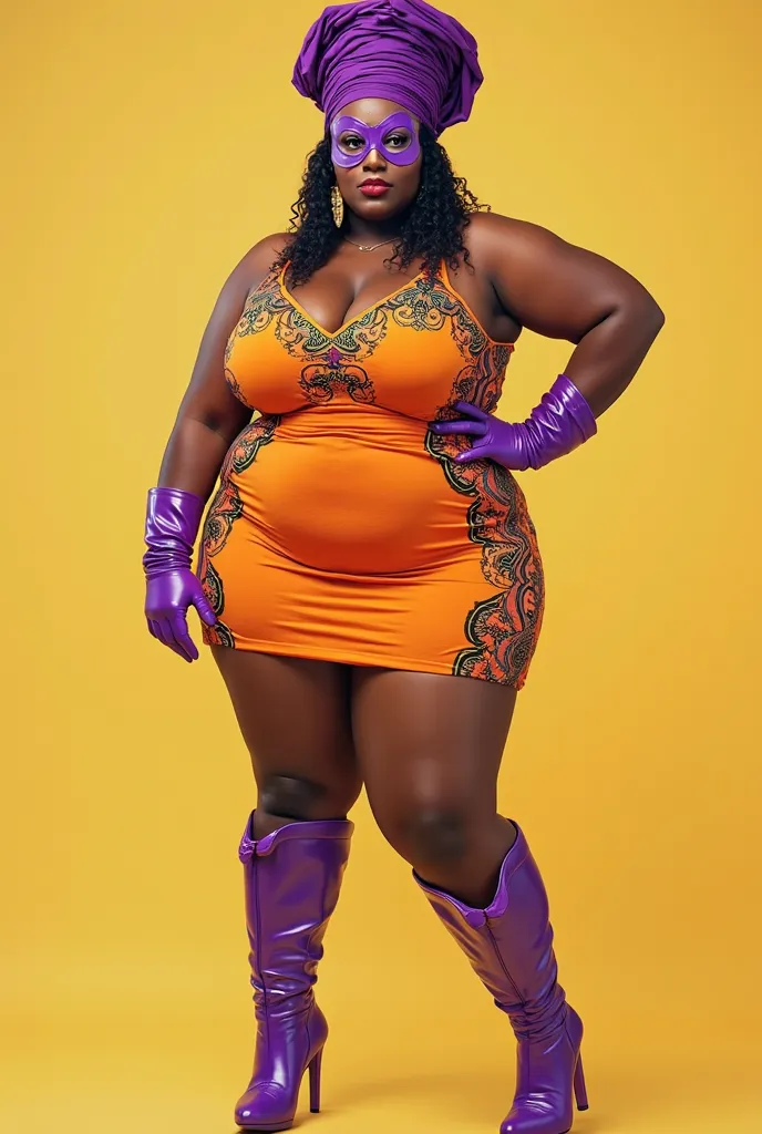 40 year old plus size African woman as superhero wearing orange tight mini dress with African designs and purple African head wrap crown hat, purple high heeled boots, purple gloves and purple molded eye mask.her costume is latex. In the style of Comic boo...