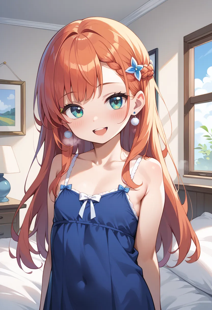 ((Best Quality)), ((masterpiece)), (be familiar with), perfect face, indoors, bedroom, viewer,
One woman,  Gamemun Neko ,
open mouth, steam clouds drift, blush, smile,
 small tits, flat chest, Young girl,  lori,  ,  girl,
long hair, long hair,
 open,