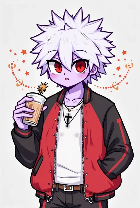 The image is a cartoon-style digital illustration, featuring a character with spiky purple-skinned white hair and red eyes. The character wears a red and black jacket over a white shirt, with a black cross necklace hanging around his neck. The character ho...