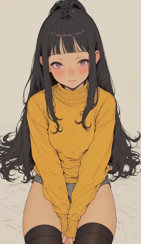 Aerial photography、 look down angle、viewers、An anime high school girl who begs for everything, [ 4k digital art ]!!, black hair、ponytail for men、  boob emphasis, yellow knit、 Is pixiv, On pixiv, like  ART GEL , Sincerity,  pixib 3DCG , ig model |  ART GEL ...