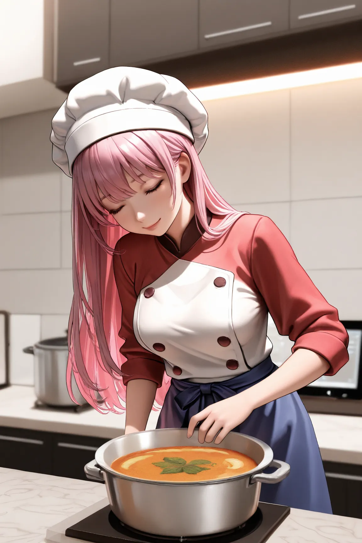 1 ,    Alone,    masterpiece,    dancing ,   ultra realistic, silky hair,    greetings pink hair, tablet fringe, eyes closed, female chef, red blouse, blue skirt,  cook's white apron, white cook cap,  medium breasts,  happy appearance, behind a counter, a ...