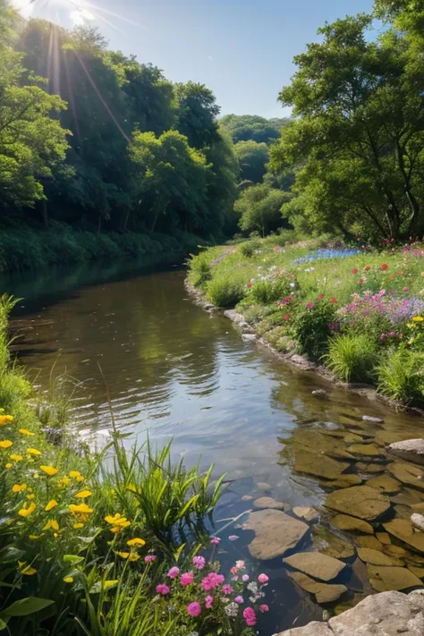 
sunlight spilled over the landscape, illuminating the lush green fields and dense flowers. the air was filled with birdsong, and the sound of crystal clear waters flowing through the river that ran through the property.