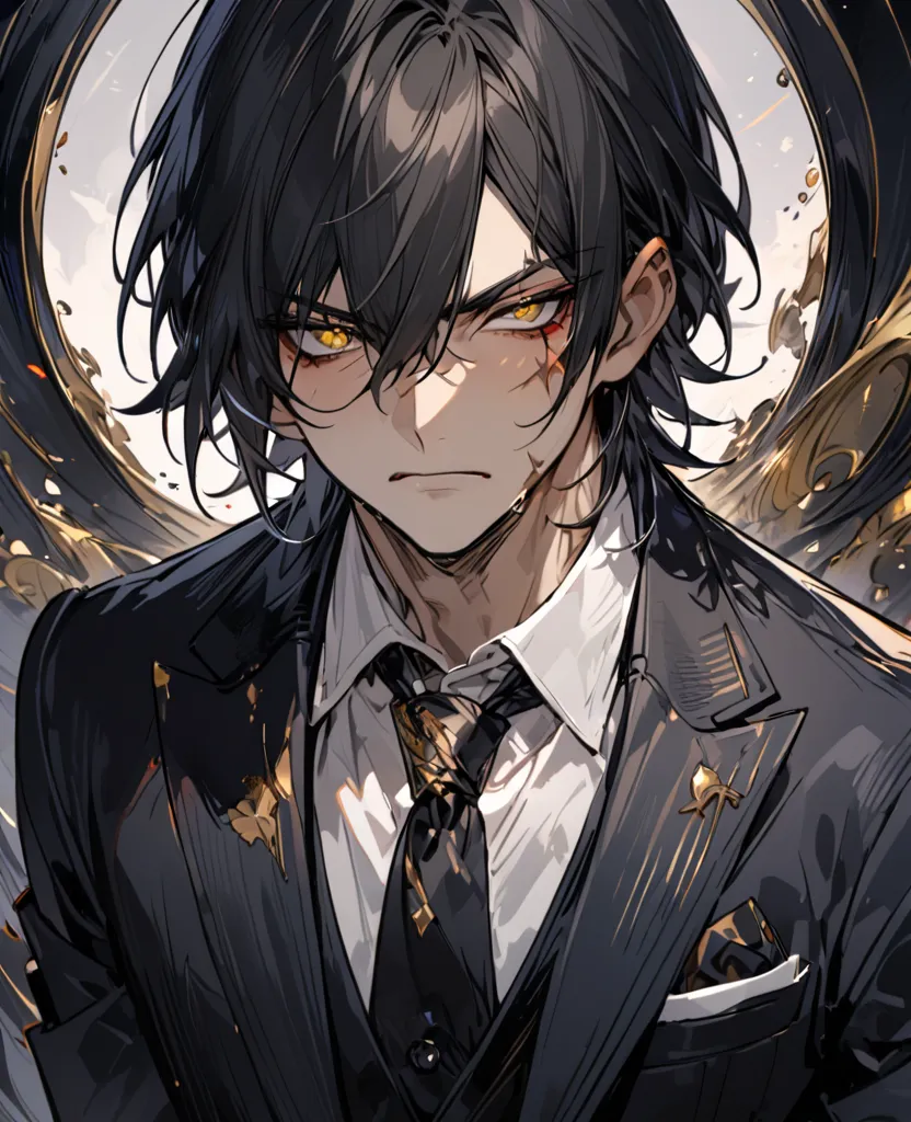 A medium-length black-haired man,  Serious and calm expression, golden iris eyes, beauty mark on the chin and scar on the left eye. wear formal clothes, dark-colored three-piece suit 