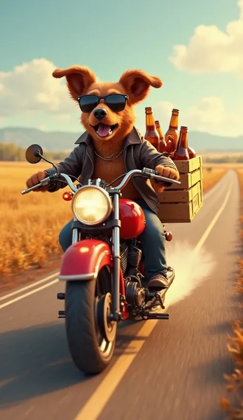 "A cool-looking brown dog riding a red motorcycle down a country road, balancing a wooden crate full of bottled beer. The dog wears a leather jacket and sunglasses, looking excited. The road is surrounded by open fields, and the sun casts a golden glow on ...