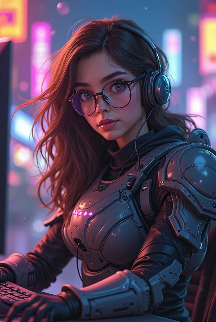 ISFP Twitch streamer, Italian American woman, wearing glasses and video game battle armor, gamer, brown hair, brown eyes, Character Design, Unreal Engine, Anime Style