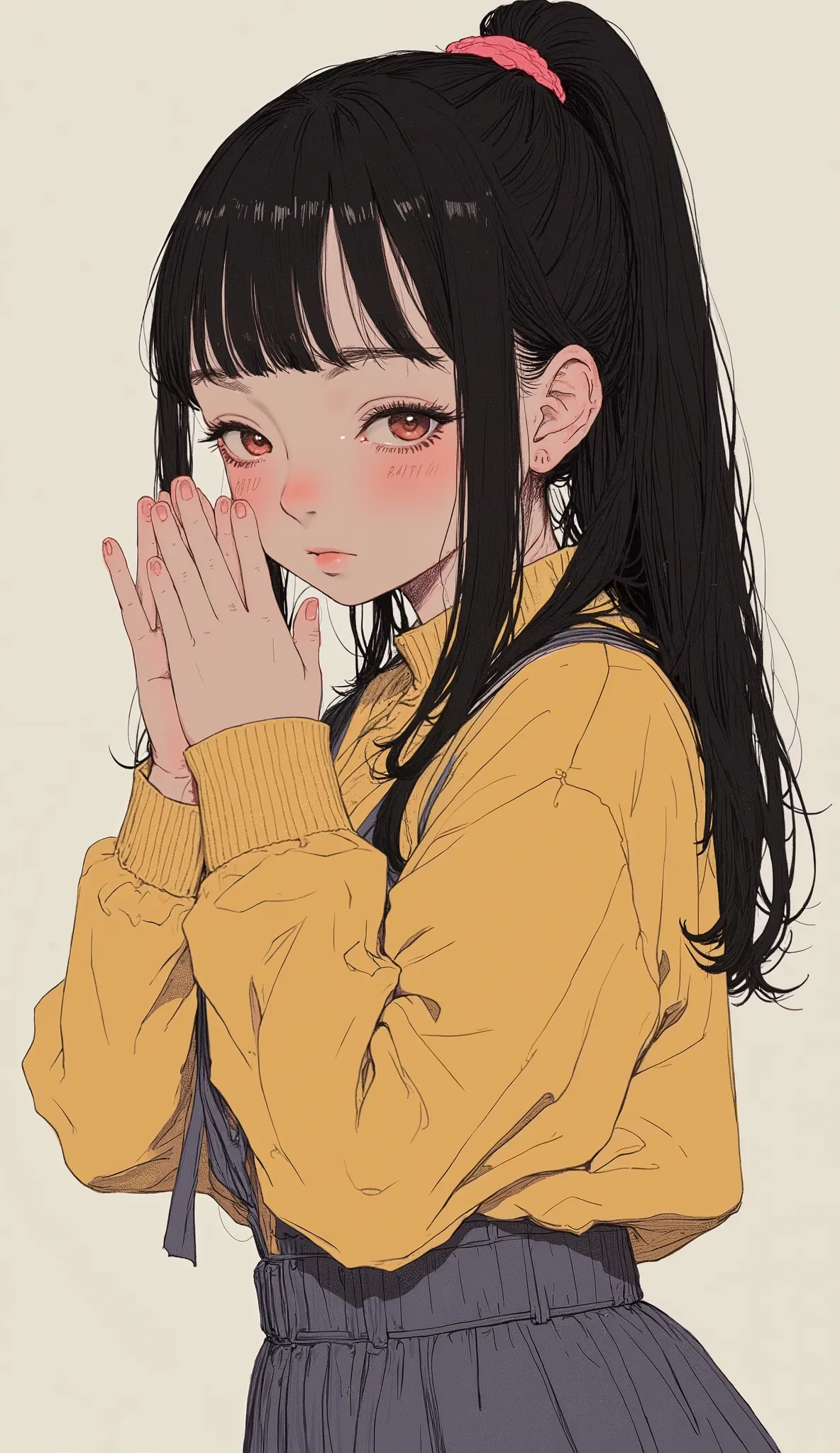 Aerial photography、 look down angle、viewers、An anime high school girl putting her hands together and begging, [ 4k digital art ]!!, black hair、ponytail for men、  boob emphasis, yellow knit、 Is pixiv, On pixiv, like  ART GEL , Sincerity,  pixib 3DCG , ig mo...