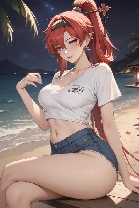 (((cowboy shot, cinematic lighting, midnight, night, dark))), ((Yinlin, red hair, mole under eye, purple eyes, hair stick, hair ornament)), (t-shirt, navel, short jeans, beach), 1girl, medium breasts, huge butt, thick thighs, sensual woman, mature female, ...