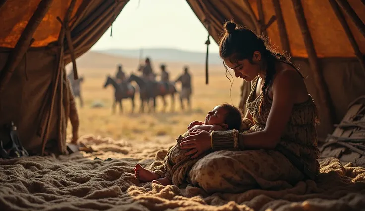 A Mongolian yurt (tent) in the vast steppes of Mongolia, where a tribal chief’s wife cradles her newborn son, Temujin. Outside, Mongol warriors sharpen their weapons and tend to their horses, unaware that this  will one day unite them into the most feared ...