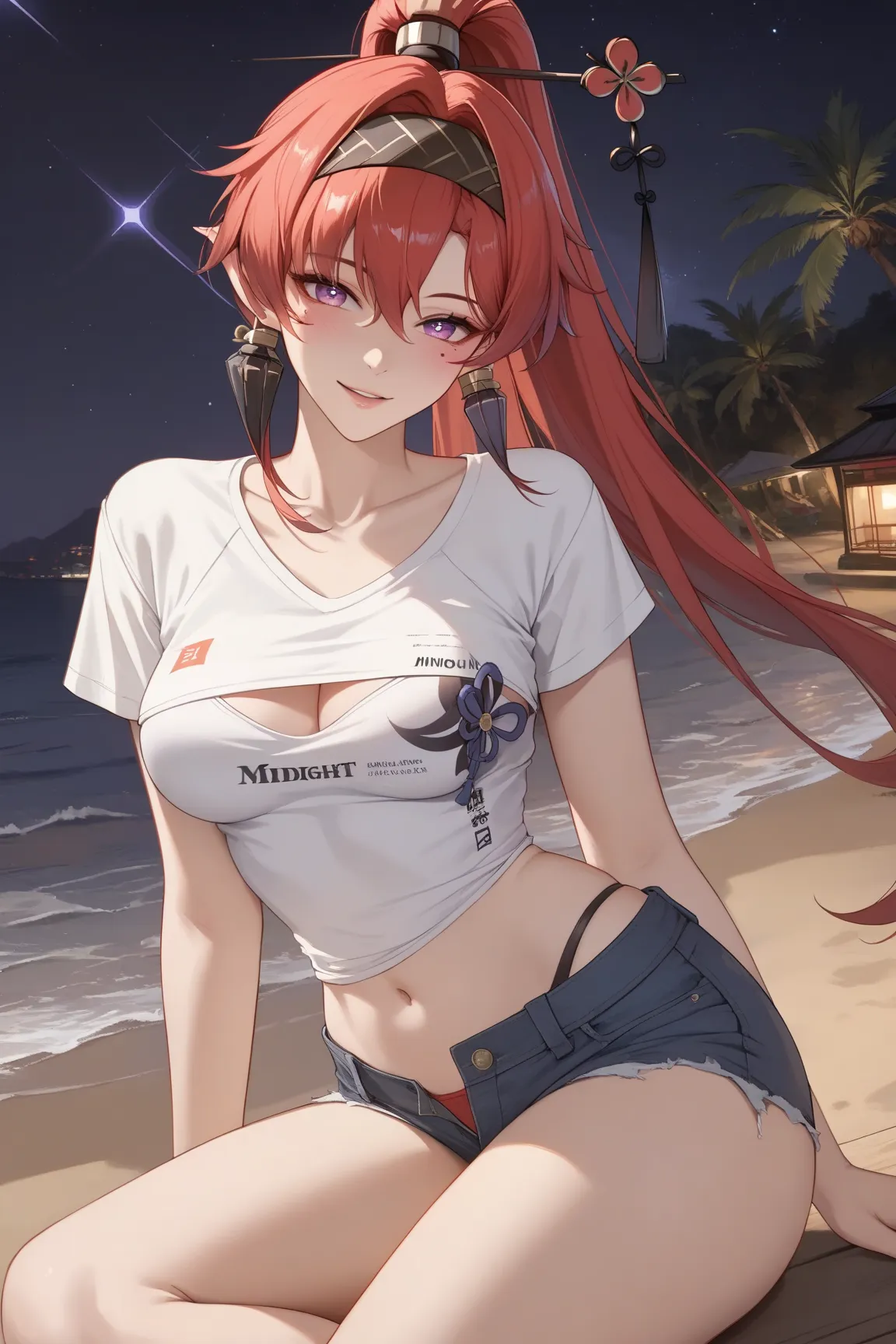 (((cowboy shot, cinematic lighting, midnight, night, dark))), ((Yinlin, red hair, mole under eye, purple eyes, hair stick, hair ornament)), (t-shirt, navel, short jeans, beach), 1girl, medium breasts, huge butt, thick thighs, sensual woman, mature female, ...