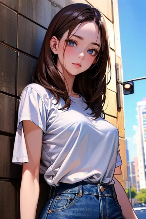 (((minju))), ((((brunette)))), white eyes, (((white shirt))), (((jeans)), Outstanding, Best Aesthetic, Best Quality, Masterpiece, Very Detailed, Masterpiece, 1girl, Solo, Blue Sky, Daytime, Beautiful Body, High Definition, cowboy shot, masterpiece, masterp...