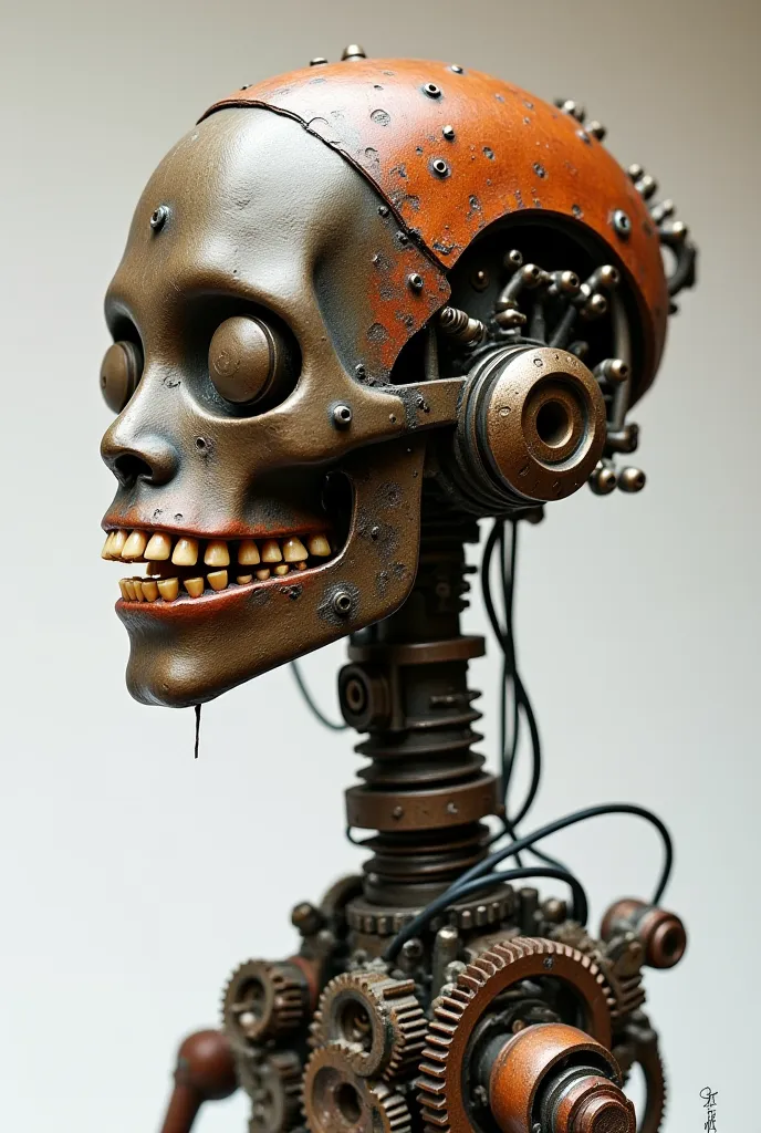 A surrealist steampunk sculpture of a biomechanical automaton, featuring a rusted metal head, exposed gears, and an articulated jaw made of old dental prosthetics. The design blends vintage mechanical elements such as valves, levers, and metal tubes with a...