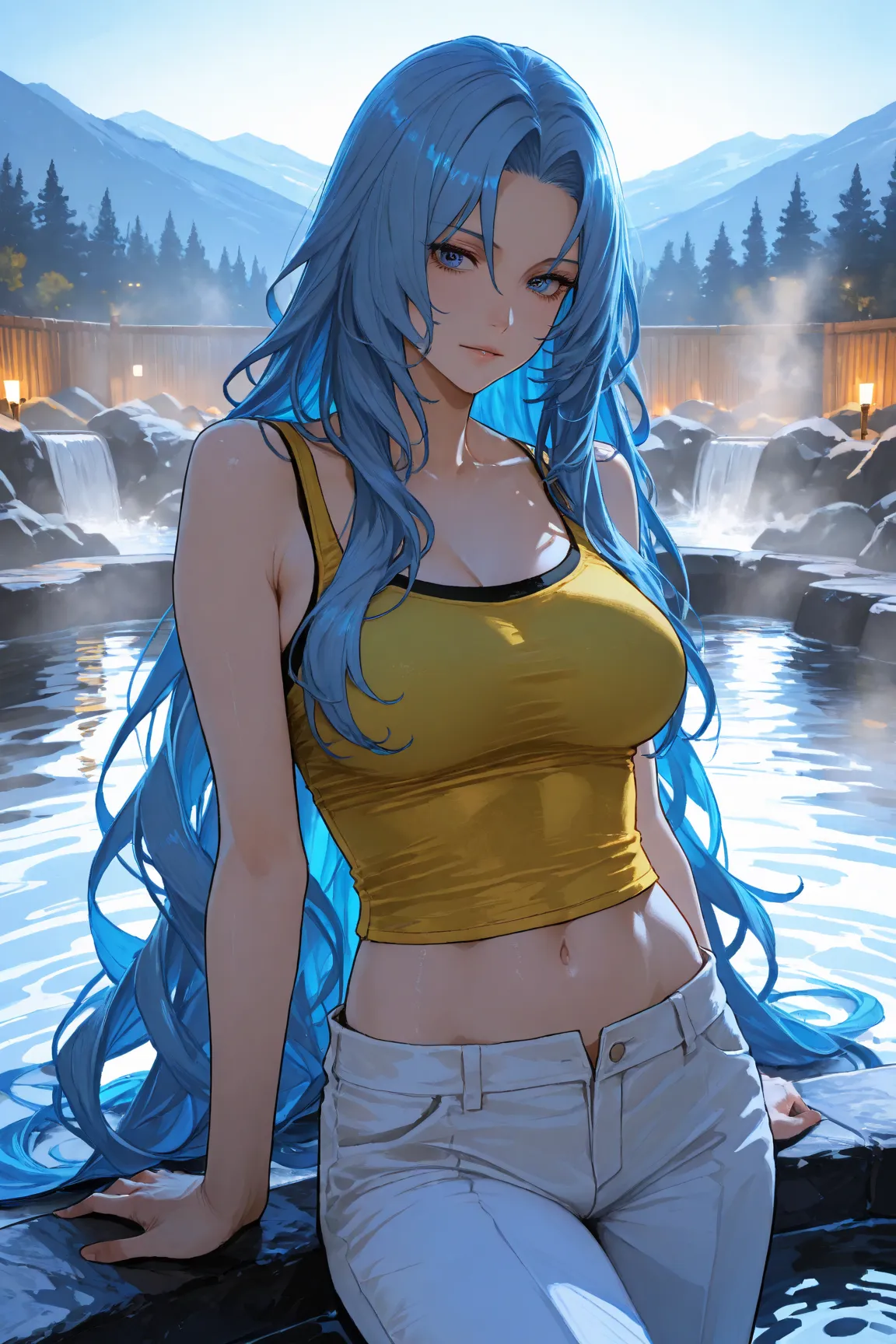 pkmnKaren, very long hair, blue hair, yellow tank top, midriff, white pants, 8k, Obra maestra, mejor calidad, ultra detallado, detalles intrincados, hiper calidad, alto detalle, profesional, HDR, cinematic lighting, panoramic view, beauty eyes, ((anatomica...