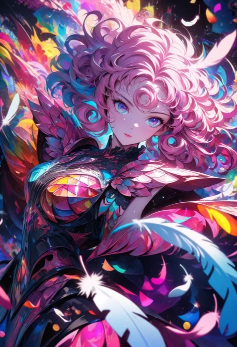 (((Woman, knight, dynamic pose, relaxed, flowing pink western-style armor, mysterious expression, black and pink curly hair, beautiful and artistic:1.2), fractal art, colorful, (dynamic pose), (abstract background:1.3), ( shiny skin), (many colors:1.4), (f...