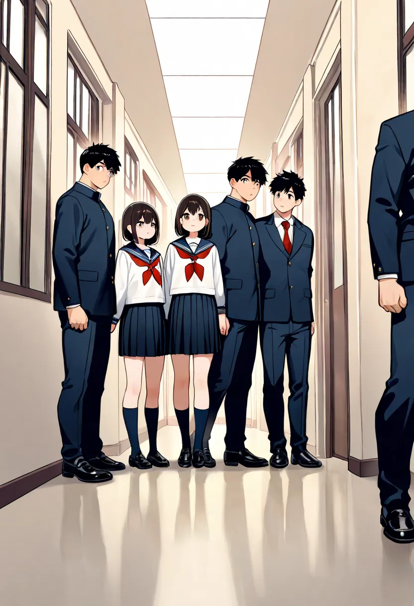 (cute tall males together: 1.2), full body, (height difference: 1.1), a group of girls on the ground, (macro size: 1.1), (cute male and female), hallway, serafuku, (closeup male and female)