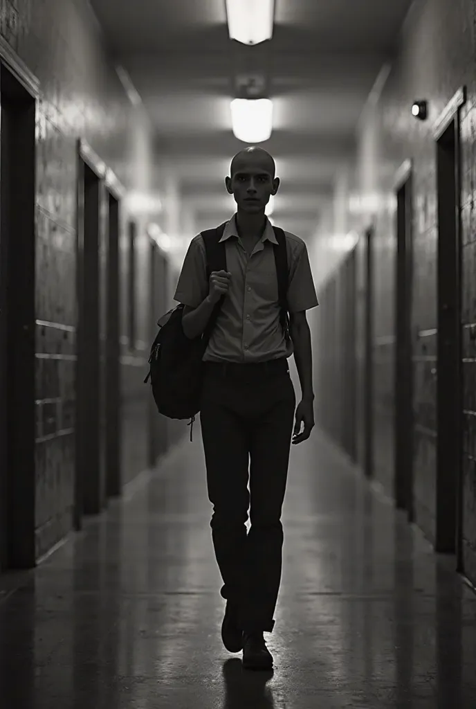 A skinny man dressed as a university student walking in a corridor of classrooms Horror image in black and white 