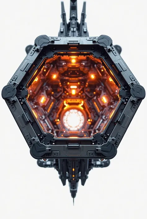 "A futuristic hexagonal structure seen from below, designed as a ceiling element with an industrial and high-tech style. The structure is made of dark metal with detailed and complex finishes. Inside, has bright orange LED lights, distributed evenly along ...