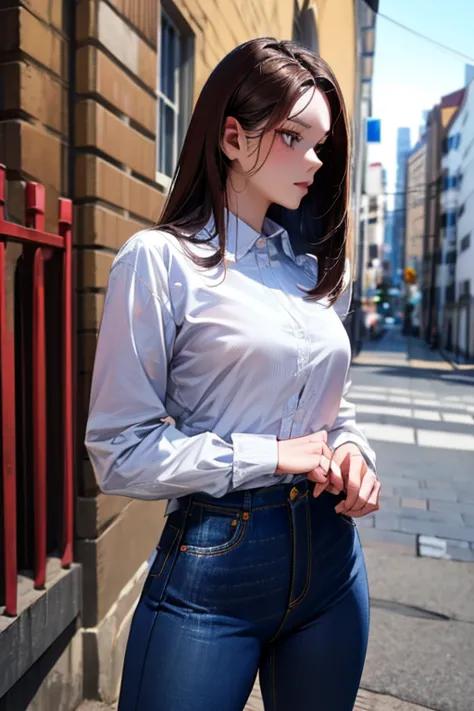 (((minju))), ((((brunette)))), white eyes, (((white shirt))), (((jeans)), Outstanding, Best Aesthetic, Best Quality, Masterpiece, Very Detailed, Masterpiece, 1girl, Solo, Blue Sky, Daytime, Beautiful Body, High Definition, cowboy shot, masterpiece, masterp...