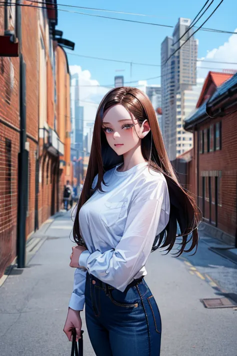 (((minju))), ((((brunette)))), white eyes, (((white shirt))), (((jeans)), Outstanding, Best Aesthetic, Best Quality, Masterpiece, Very Detailed, Masterpiece, 1girl, Solo, Blue Sky, Daytime, Beautiful Body, High Definition, cowboy shot, masterpiece, masterp...